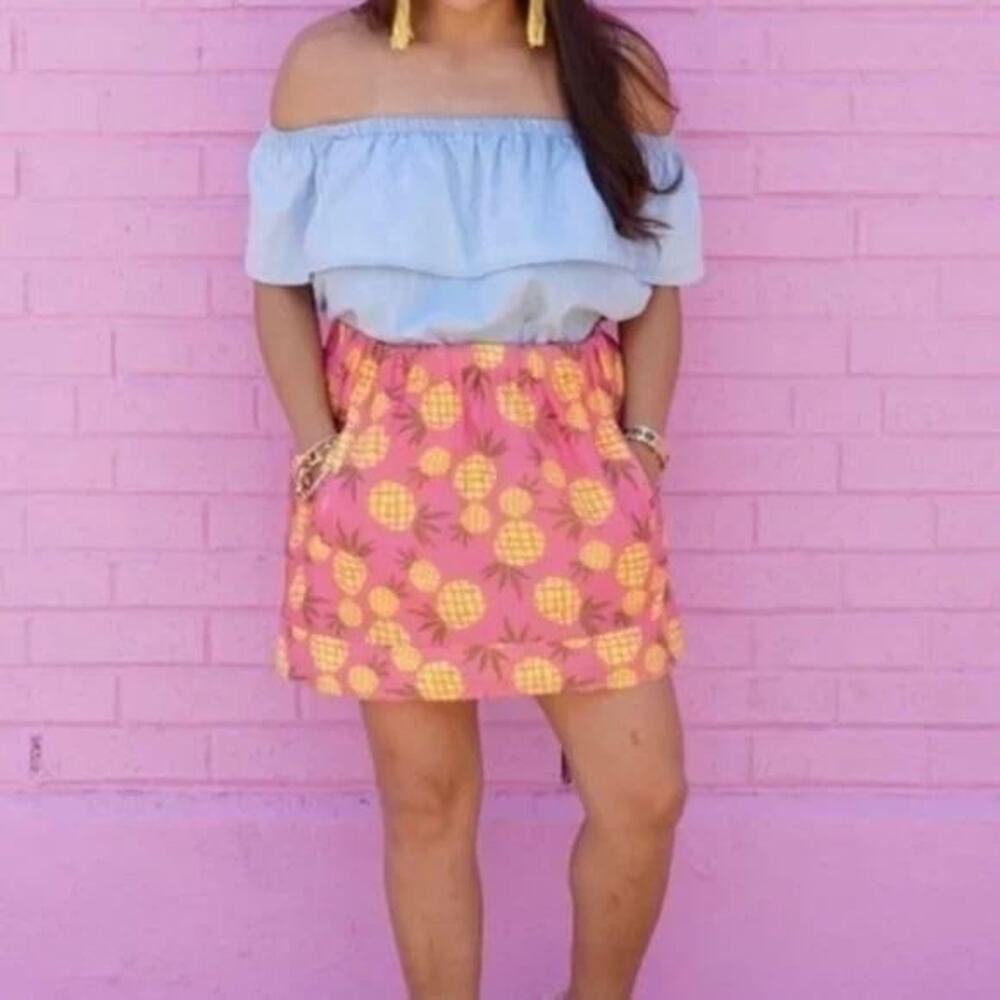 J.Crew Pink Pineapple Print Cotton Mini Skirt Elastic Waist Size S 100% Cotton
